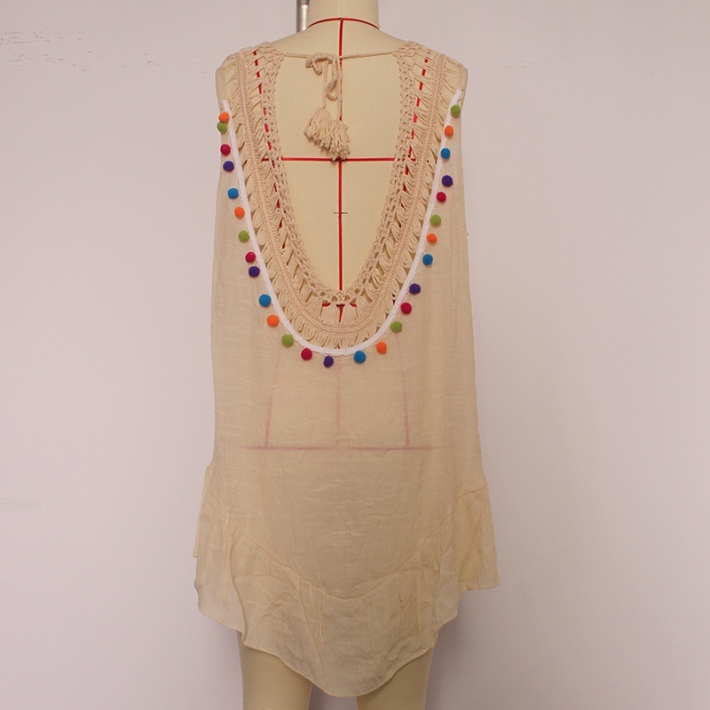 Womens Boho Beach Cover-Up Dress - Crochet V-Neck Sleeveless Mini Dress